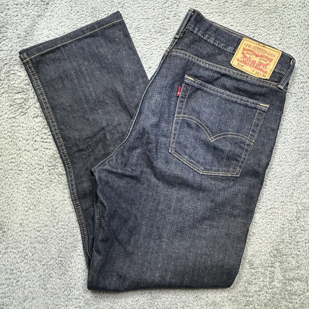 Levi's 514 Jeans Men's 36x30.5 Blue Dark Wash Straight Leg Denim Stretch HEMMED‎